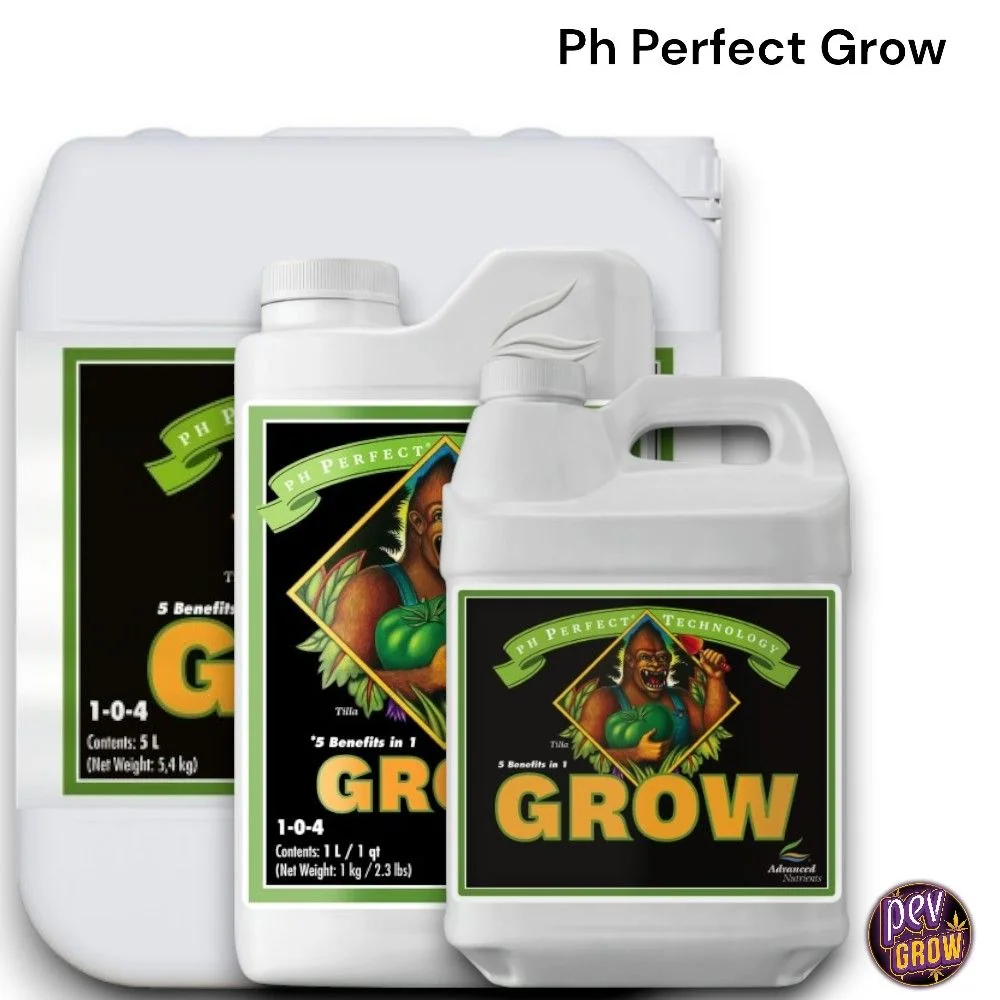 Selección de formatos de Grow pH Perfect de Advanced Nutrients, en envases blancos con etiquetas negras y verdes sobre fondo blanco.