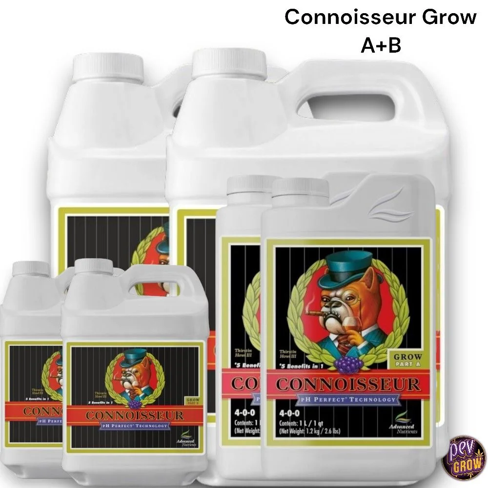 Selección de formatos de Connoisseur Grow A+B de Advanced Nutrients en envases blancos con asas y etiquetas ilustradas con un bulldog.