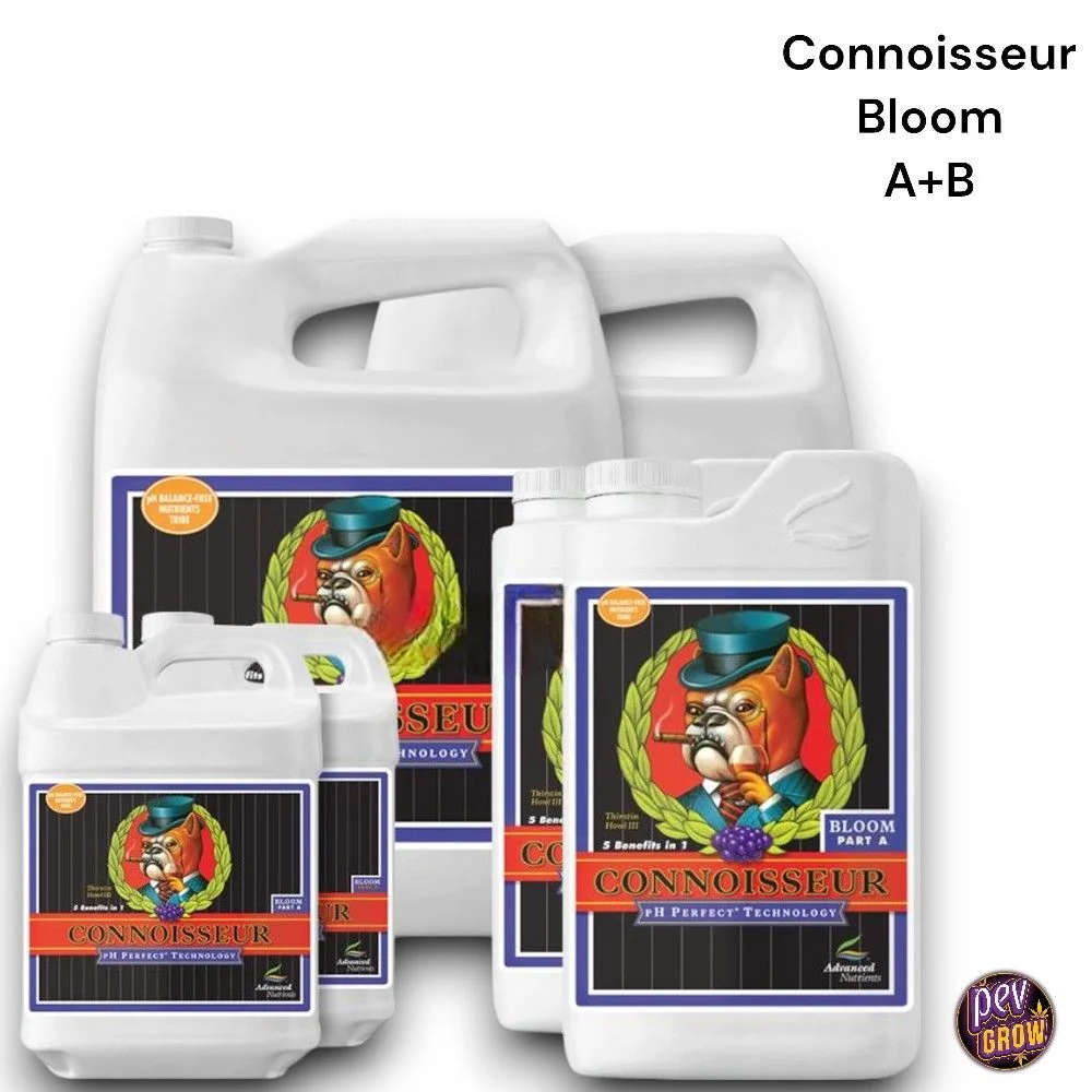 Connoisseur Bloom A+B de Advanced Nutrients en varios formatos de garrafas blancas, con etiquetas negras y un bulldog ilustrado.