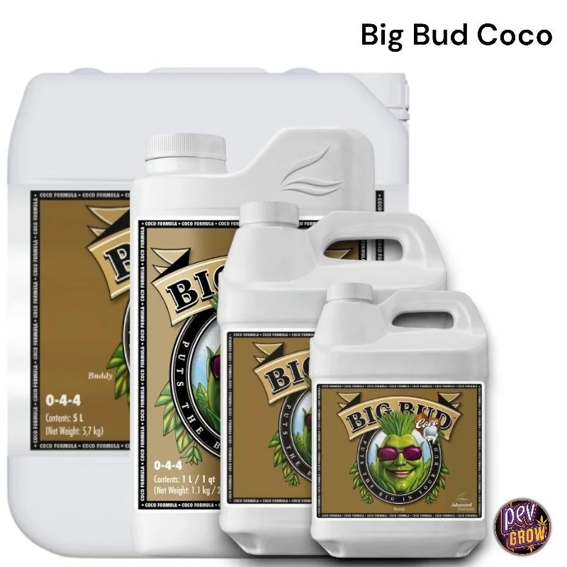 Selección de formatos de Big Bud Coco de Advanced Nutrients en envases blancos de distintos tamaños con etiquetas doradas.