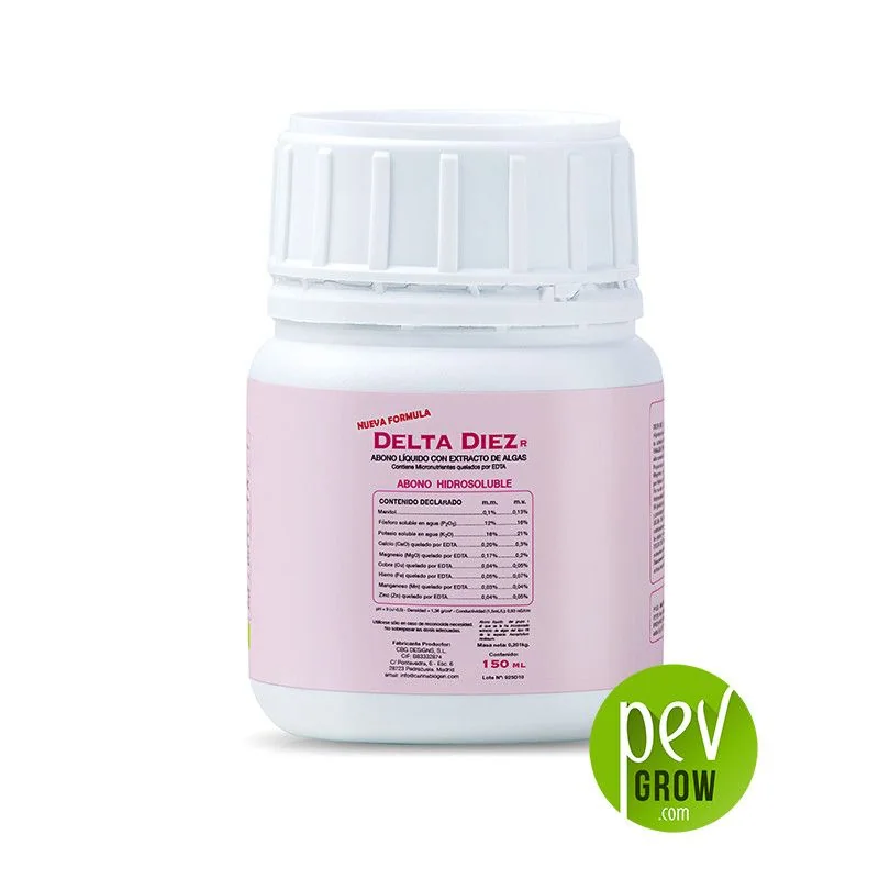Bote blanco de Delta 10 de Cannabiogen con tapón estriado y etiqueta rosa que indica «Delta Diez» y 150 ml. Bote blanco de Delta 10 de Cannabiogen con tapón estriado y etiqueta rosa que indica «Delta Diez» y 150 ml.