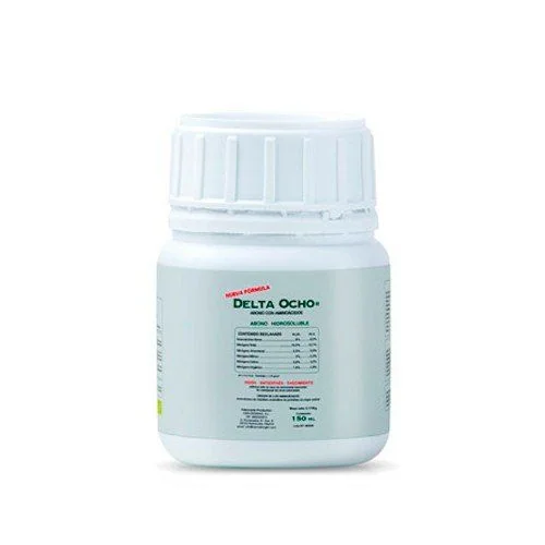 Bote blanco de Delta 8 de Cannabiogen con tapón estriado y etiqueta clara donde se lee «Delta Ocho» y «150 ml».