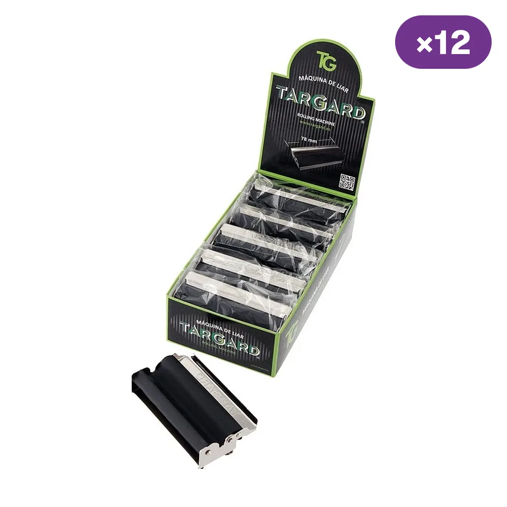 Máquina de liar Targard con laterales plateados y banda negra, junto a un expositor con varias unidades envueltas y distintivo ×12.