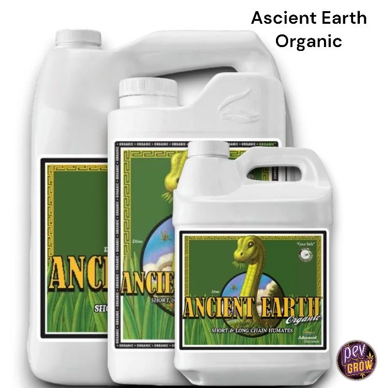Envases blancos de Ancient Earth Organic de Advanced Nutrients en distintos formatos, con etiquetas verdes y un dinosaurio ilustrado.