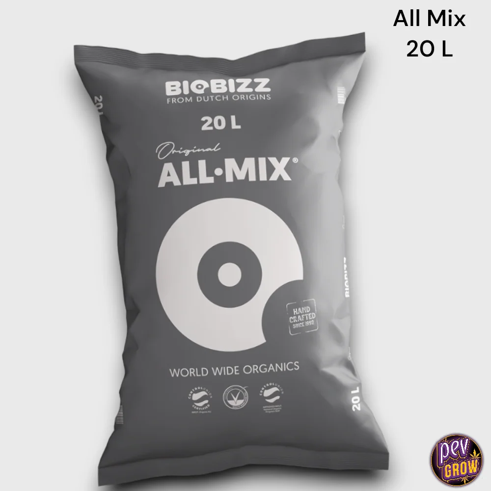 Saco gris de sustrato BioBizz All Mix de 20 L, con letras blancas y un gran motivo circular en el frontal, sobre fondo claro.