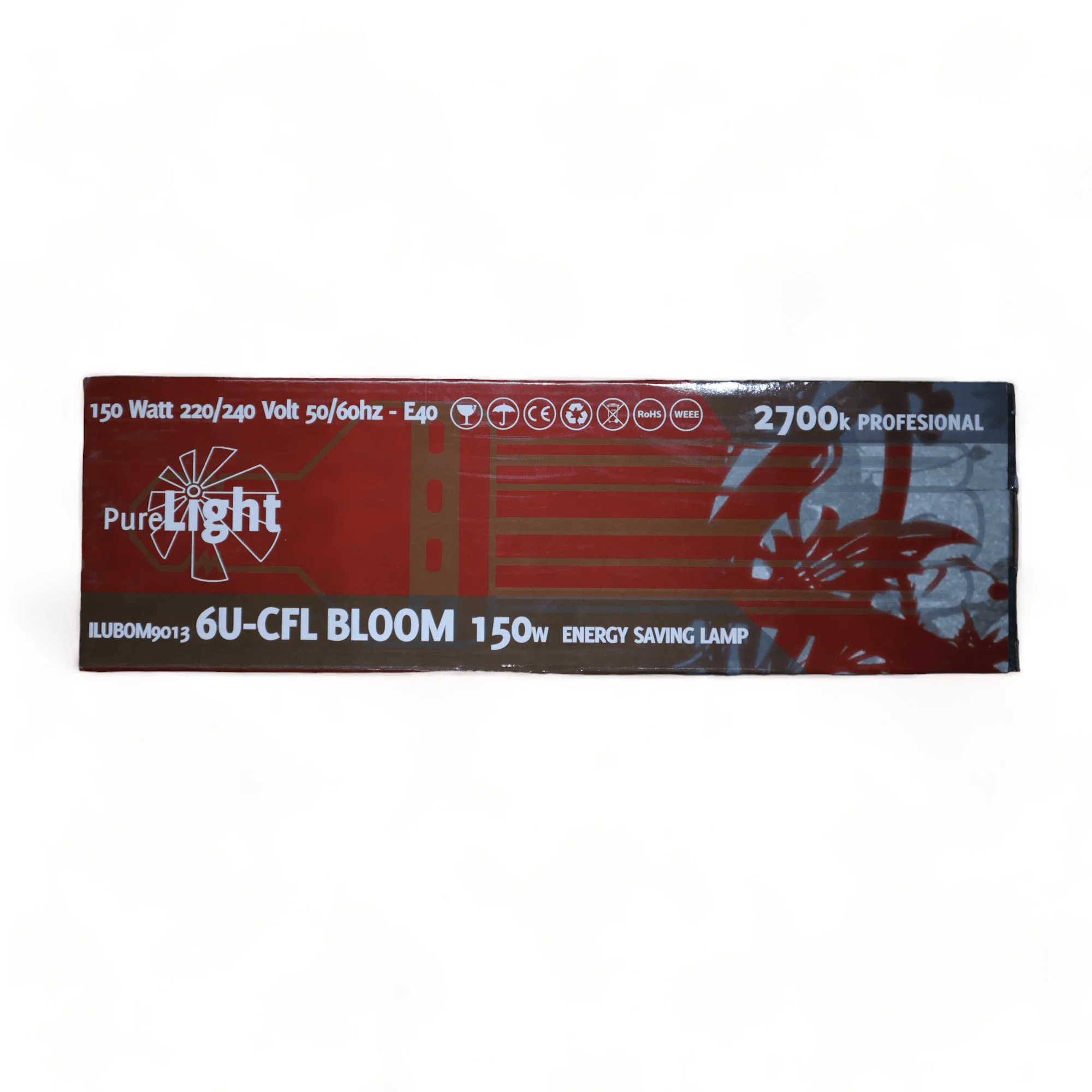 Caja roja de lámpara Pure Light 6U-CFL Bloom con indicaciones de 150 W, 2700 K y casquillo E40 sobre fondo blanco.