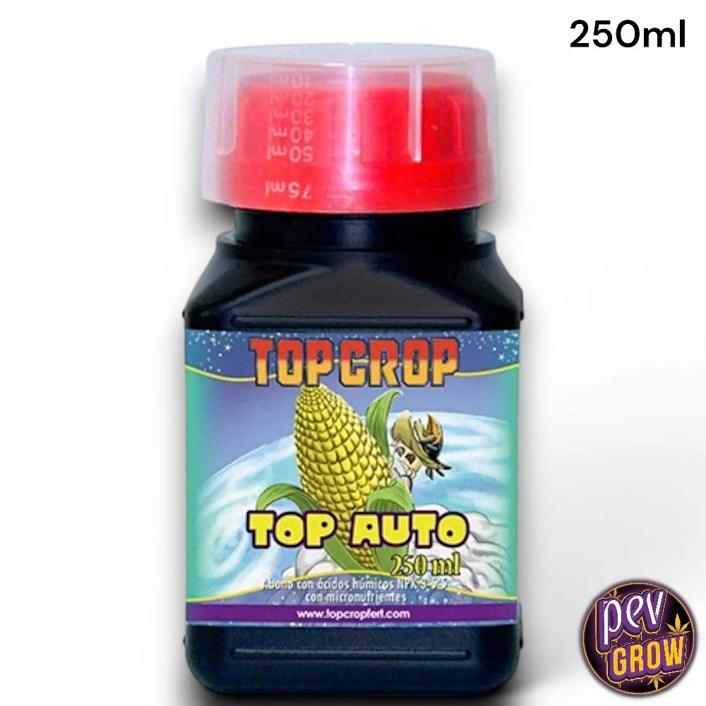 Botella negra de Top Auto de Top Crop de 250 ml, con tapón rojo bajo una cubierta dosificadora transparente y etiqueta ilustrada.