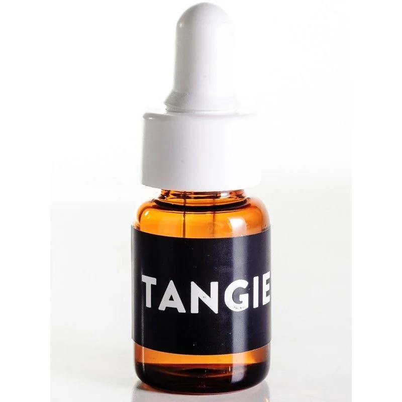 Frasco ámbar con cuentagotas blanco y etiqueta negra con el texto «TANGIE», sobre fondo blanco.