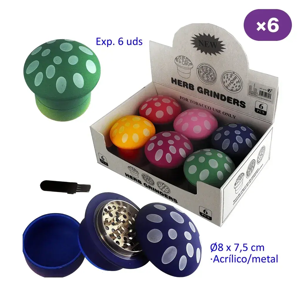 Grinders con forma de seta y lunares claros, en varios colores dentro de un expositor; uno abierto muestra los dientes metálicos.