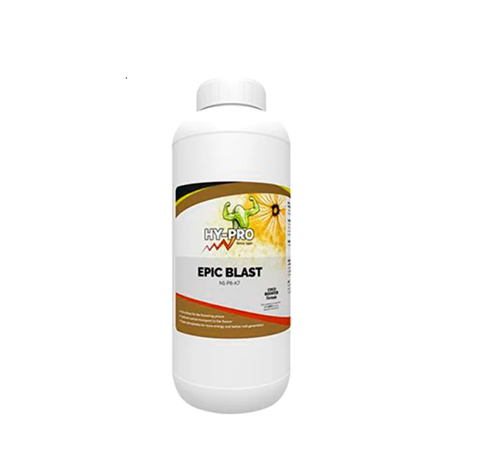 Botella blanca de Epic Blast HY-PRO con tapón de rosca y etiqueta en tonos dorados, negros y rojos sobre fondo blanco.