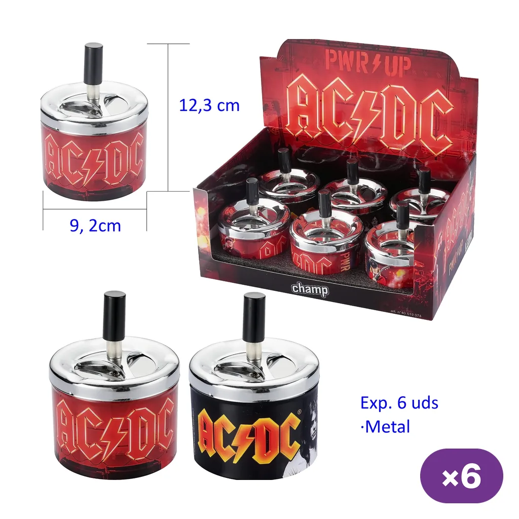 Ceniceros automáticos AC/DC con pulsador negro y tapa plateada, en diseños rojos y negros, junto a un expositor con varias unidades.