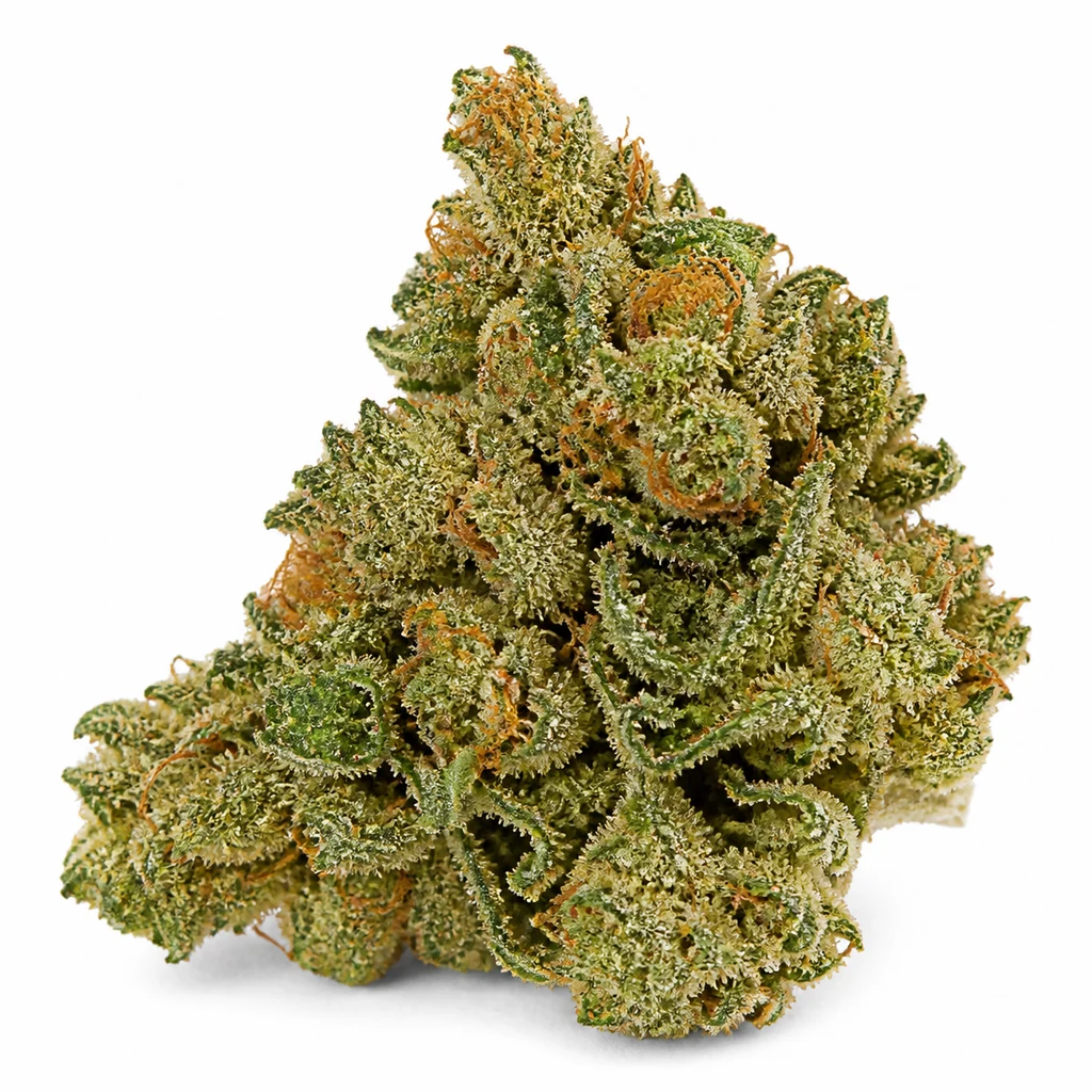 Ilustración de un cogollo verde con filamentos anaranjados y superficie granulada para la ficha de Acapulco Gold Regular.