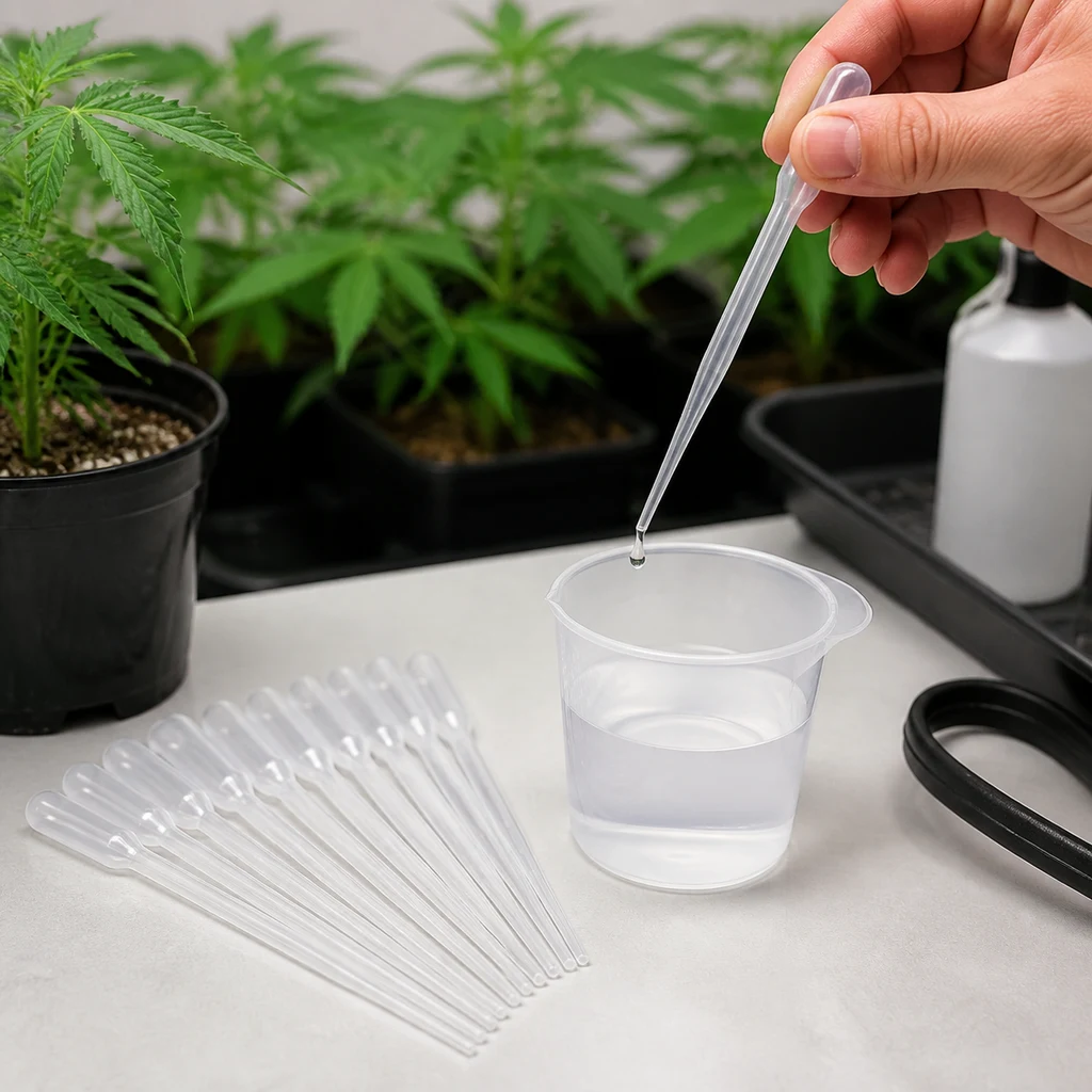 Una mano sostiene una pipeta Pasteur con una gota sobre un vaso con líquido; varias pipetas reposan junto a plantas en macetas.