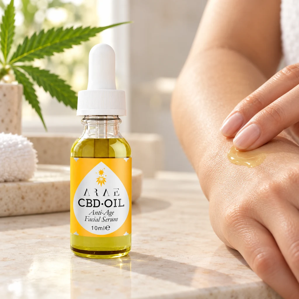 Escena de aplicación de una sustancia dorada sobre el dorso de una mano, junto a un frasco ARAE CBD-OIL de 10 ml con cuentagotas.