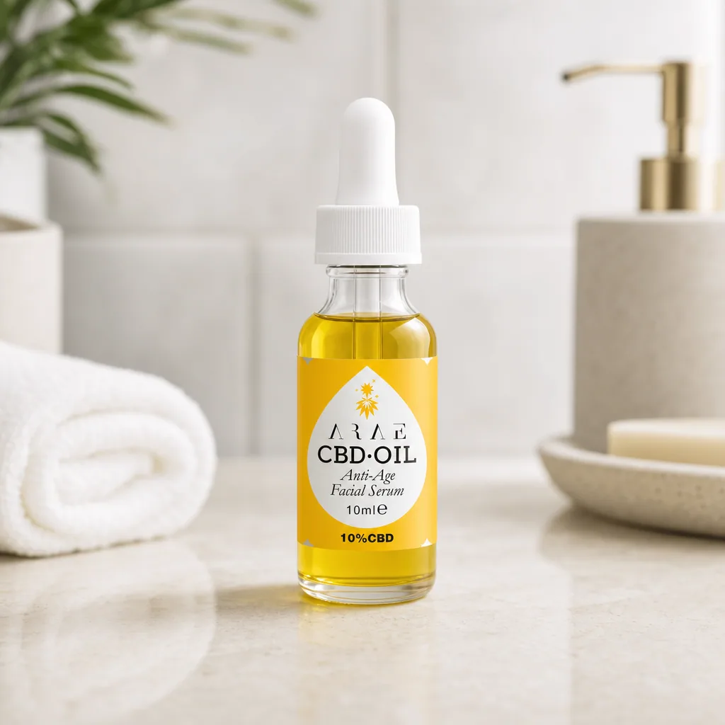 Frasco ARAE con aceite amarillo y cuentagotas blanco sobre un lavabo; la etiqueta indica sérum facial, 10 ml y 10 % CBD. Frasco ARAE con aceite amarillo y cuentagotas blanco sobre un lavabo; la etiqueta indica sérum facial, 10 ml y 10 % CBD.