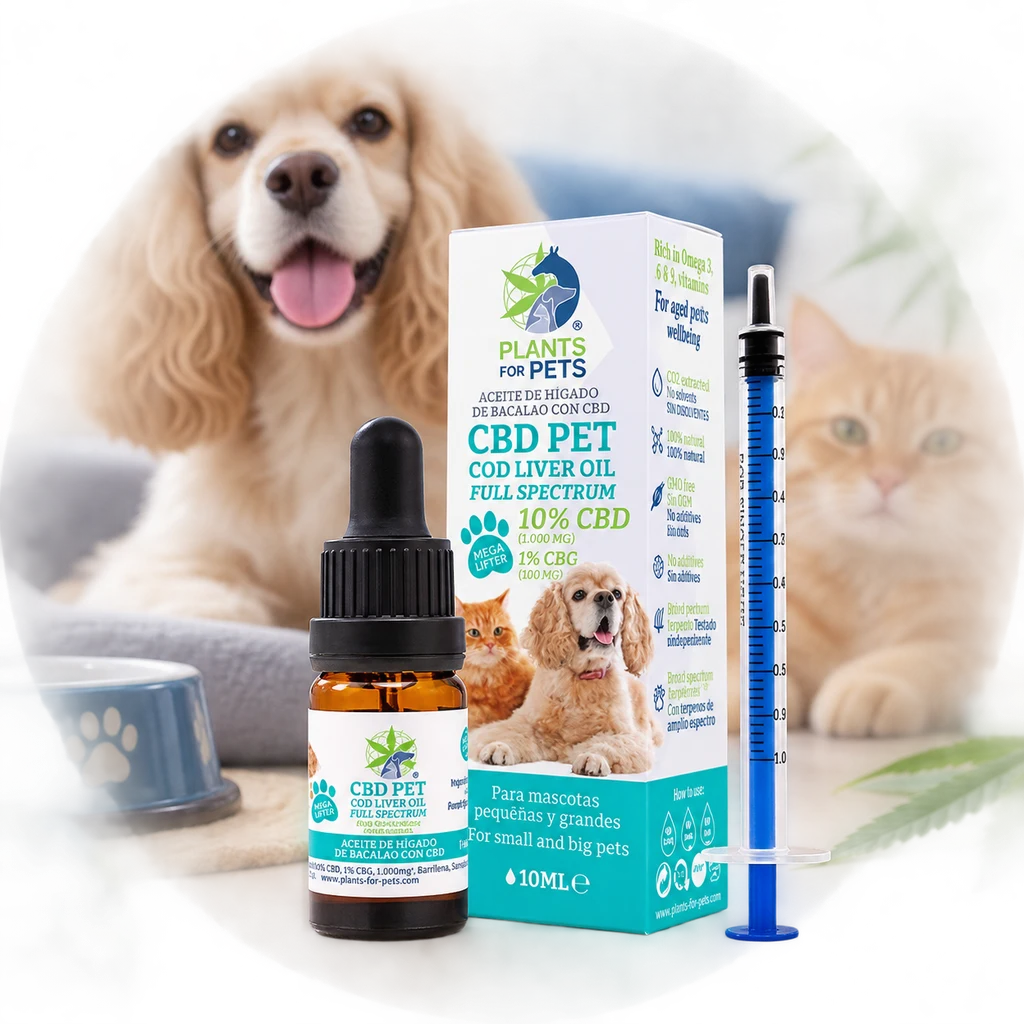 Frasco con cuentagotas y caja CBD Pet de Plants for Pets, junto a una jeringa dosificadora, con un perro y un gato al fondo.