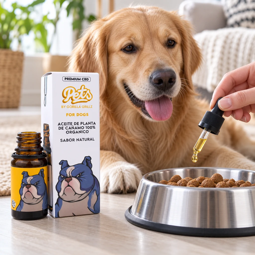Frasco y caja de aceite CBD para perros Gorilla Grillz junto a un perro dorado y un cuentagotas sobre un comedero con pienso.