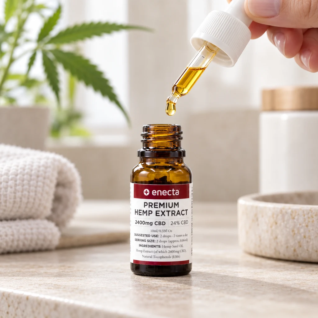Una mano sostiene un cuentagotas con líquido dorado sobre un frasco abierto de aceite Enecta, etiquetado con 24 % CBD y 10 ml.
