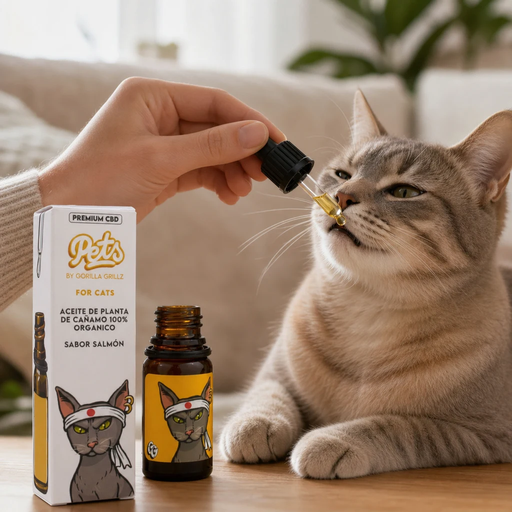 Escena generada de un gato gris con un cuentagotas junto al hocico y un frasco abierto de aceite para gatos con su caja sobre la mesa.
