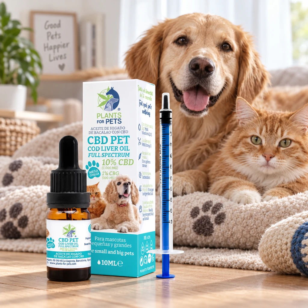 Frasco con cuentagotas de CBD Pet, caja y jeringa dosificadora azul, delante de un perro dorado y un gato naranja sobre una manta.