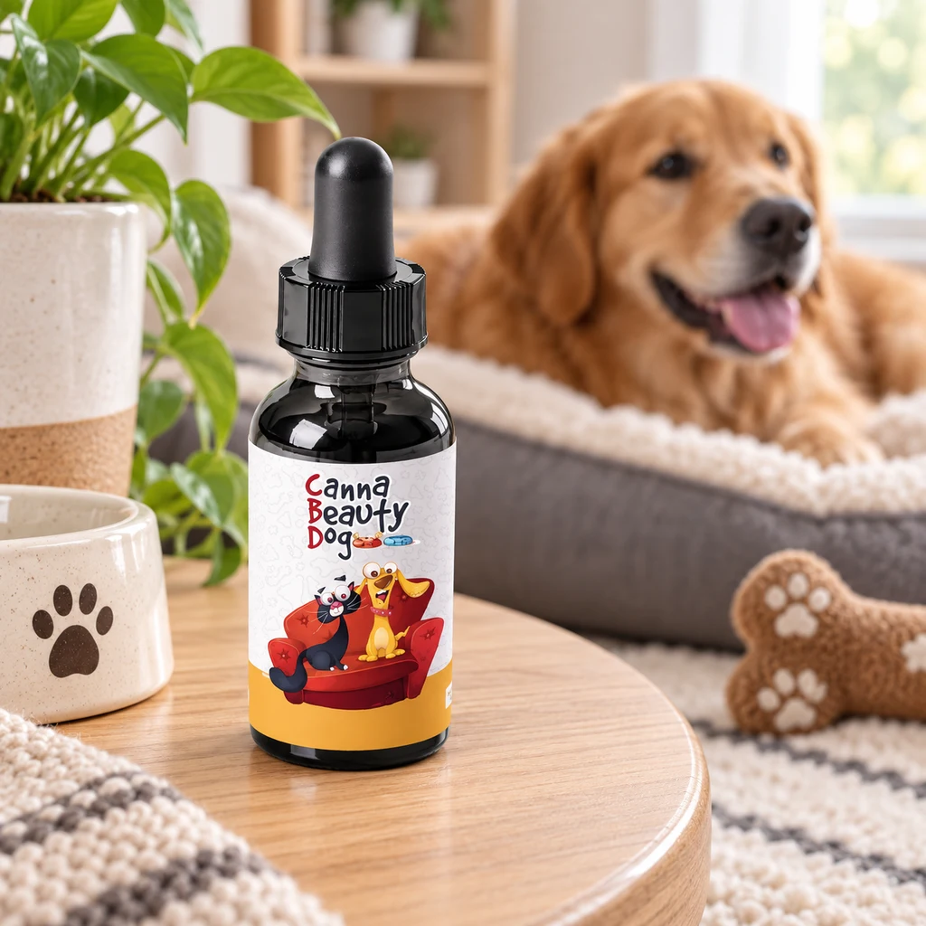 Frasco oscuro con cuentagotas y etiqueta Canna Beauty Dog sobre una mesa, con un perro dorado tumbado en una cama al fondo.