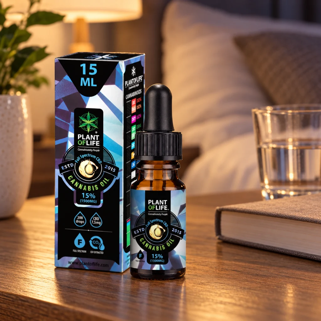 Frasco con cuentagotas de aceite Plant of Life al 15% junto a su caja, sobre una mesa con un libro y un vaso de agua.