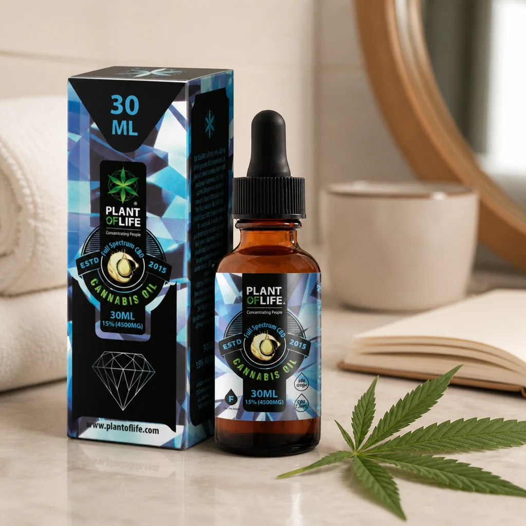 Aceite de CBD Plant of Life al 15 %, de 30 ml, en frasco ámbar con cuentagotas junto a su caja y una hoja de cannabis sobre la mesa.