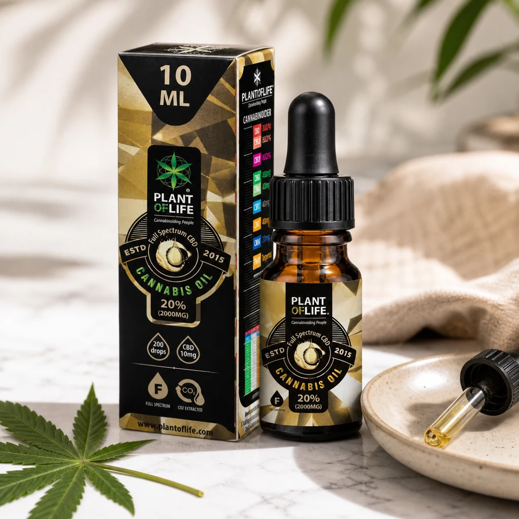 Escena generada de aceite de CBD Plant of Life 20% de 10 ml, con frasco ámbar, caja dorada y negra y un cuentagotas sobre un plato.