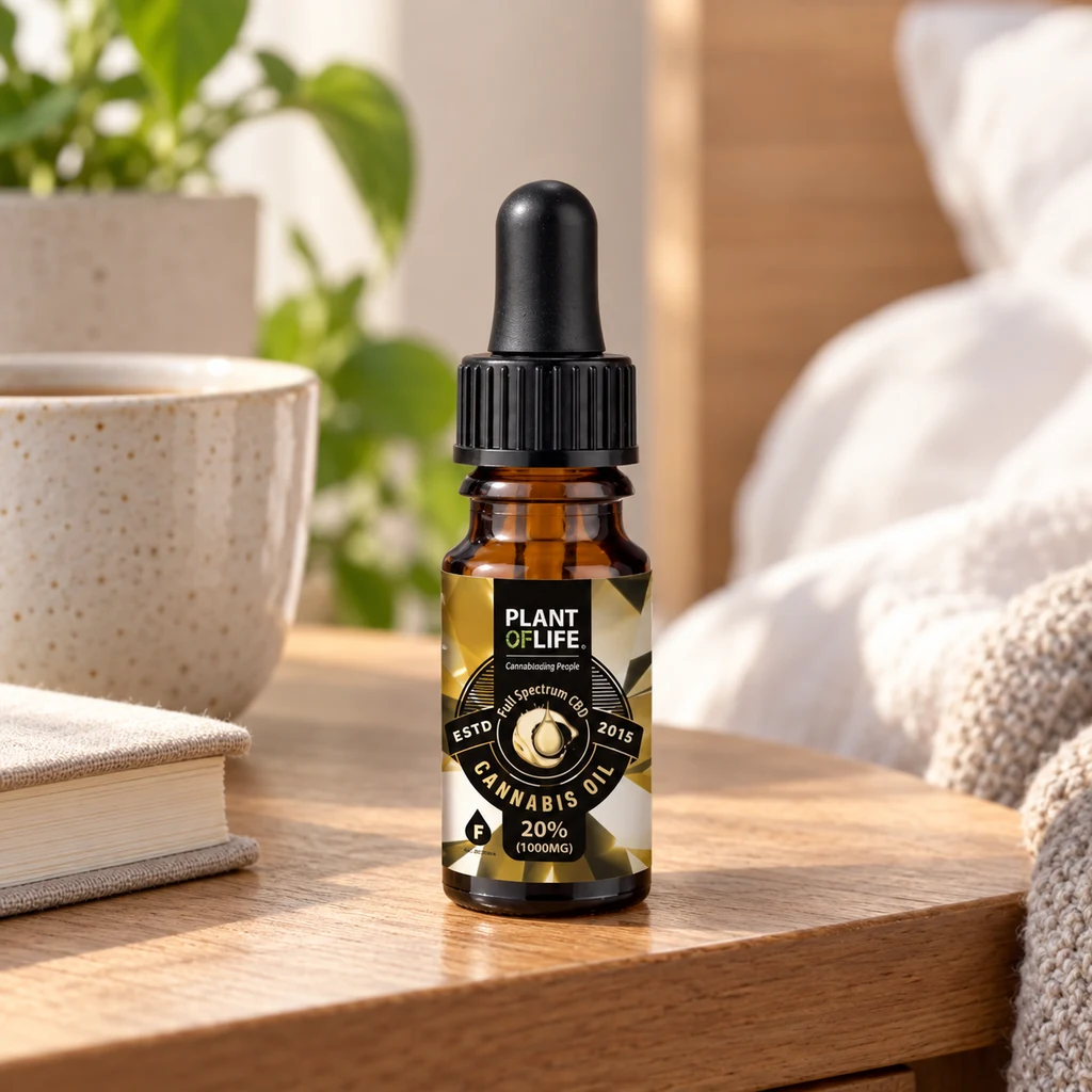 Frasco ámbar de aceite Plant of Life con cuentagotas negro y etiqueta del 20 %, sobre una mesita junto a una taza y un libro.