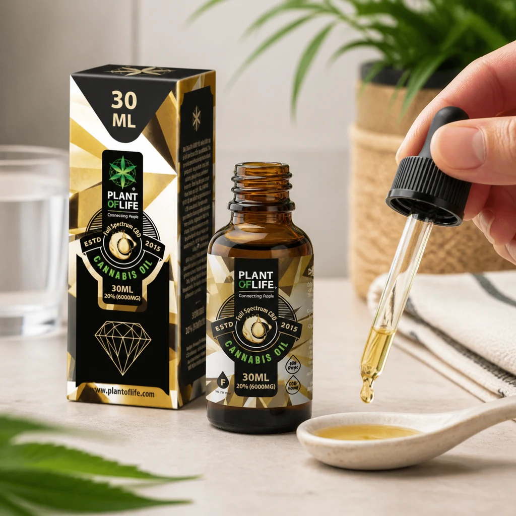 Aceite de CBD Plant of Life 20% de 30 ml con su caja y una mano sosteniendo un cuentagotas sobre una cuchara con líquido dorado.