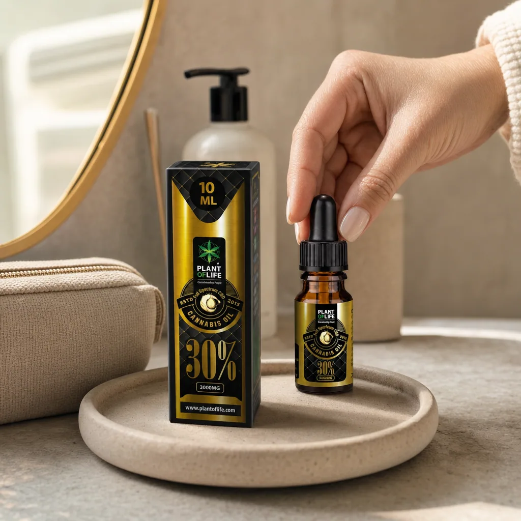 Una mano sujeta el tapón cuentagotas del aceite de CBD Plant of Life 30%, junto a su caja de 10 ml sobre una bandeja.