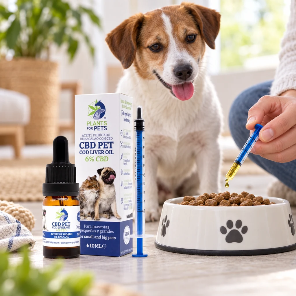 Escena generada de un perro ante un cuenco de pienso mientras una mano acerca un dosificador, junto al aceite Plants for Pets y su caja.