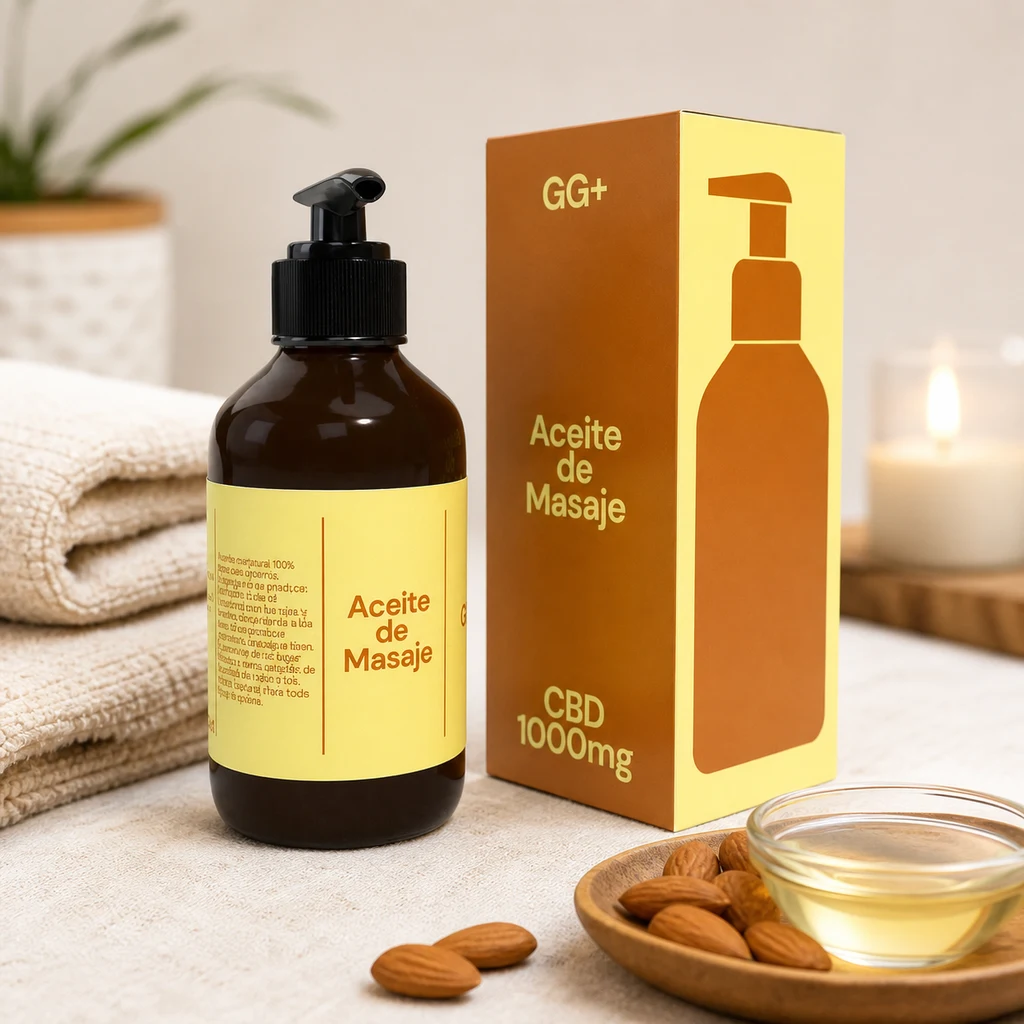 Aceite de masaje CBD GG+ 1000 mg en frasco con dosificador y caja amarilla y naranja, junto a toallas, almendras y un cuenco con líquido dorado.