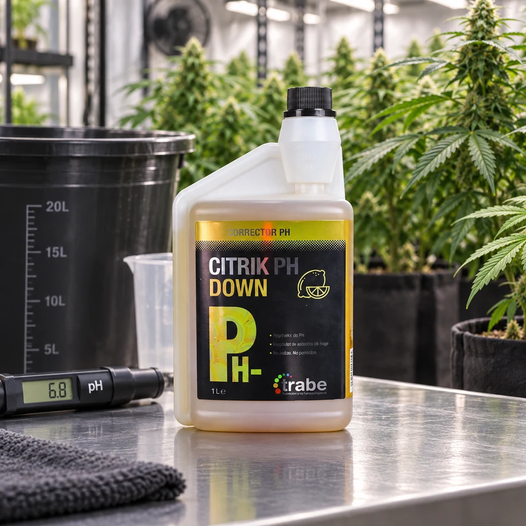 Envase de Citrik pH Down de Trabe sobre una mesa, junto a un medidor de pH y un recipiente graduado, con plantas al fondo.