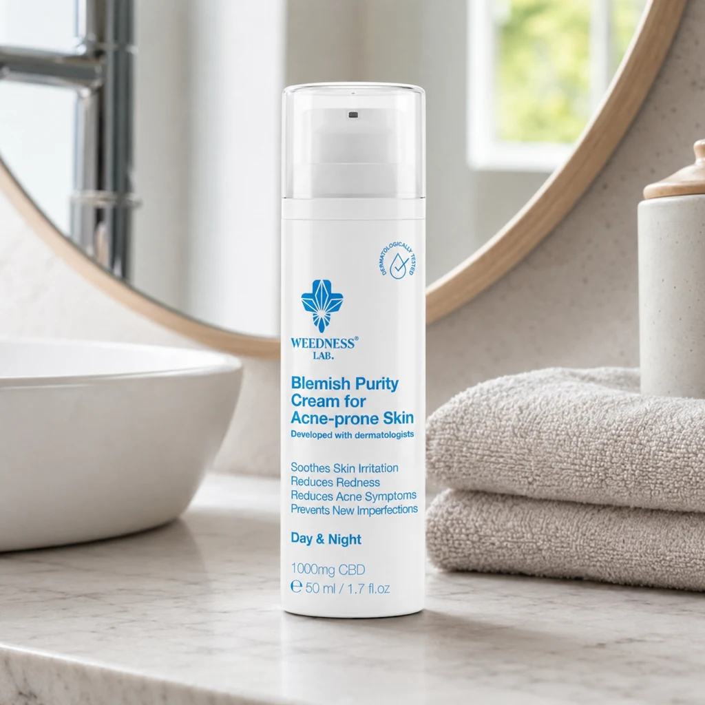Envase blanco con dosificador de crema Weedness Blemish Purity, con letras azules, junto a toallas y un lavabo ante un espejo redondo.