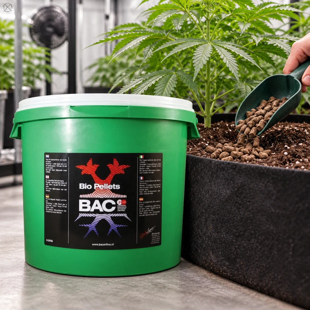 Cubo verde de Bio Pellets BAC junto a una maceta con cannabis, mientras una mano vierte pellets sobre el sustrato con una pala.