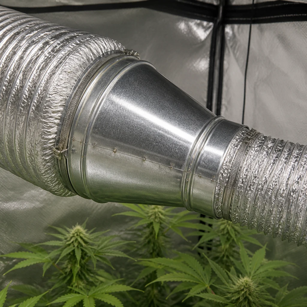 Acoplamiento reductor metálico entre dos conductos flexibles de distinto diámetro, sobre plantas en un armario de cultivo.