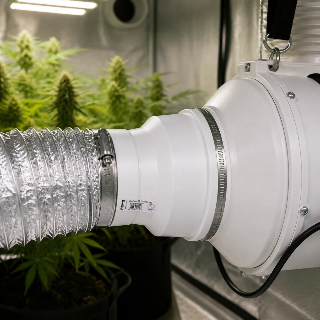 Acople reductor blanco entre un conducto flexible plateado y un extractor suspendido, con plantas al fondo en un armario de cultivo.