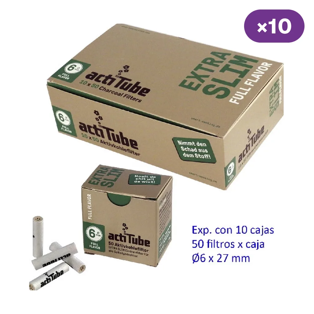 Expositor ActiTube Extra Slim junto a una cajita y filtros blancos sueltos; el texto indica 10 cajas de 50 filtros y diámetro de 6 mm.
