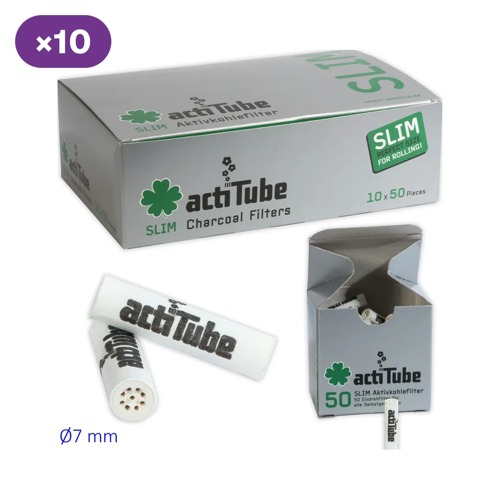 Caja ActiTube Slim marcada 10 × 50, junto a un estuche abierto de 50 filtros y filtros blancos con el logotipo ampliados en primer plano.