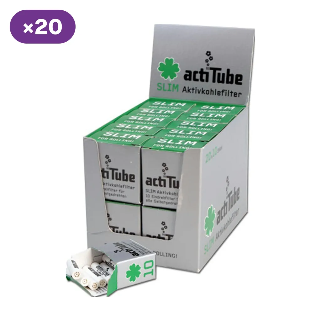 Expositor de filtros ActiTube Slim con estuches blancos y verdes y una cajita abierta delante que muestra los filtros blancos.