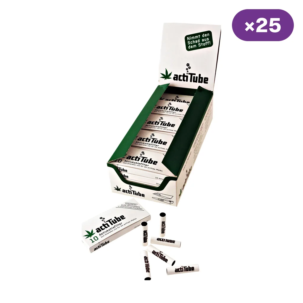 Caja expositora ActiTube abierta con estuches blancos y verdes y varios filtros cilíndricos delante; distintivo de 25 unidades.