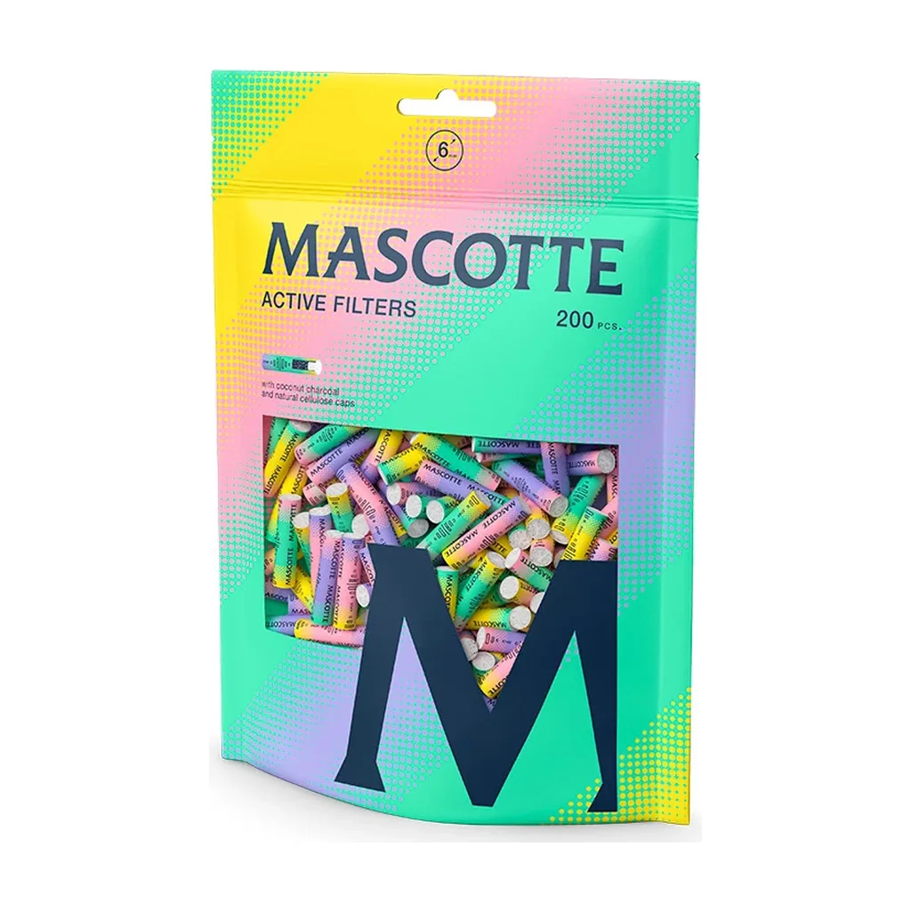 Bolsa multicolor Mascotte Active Filters de 200 unidades, con ventana que deja ver filtros de distintos colores y extremos blancos.