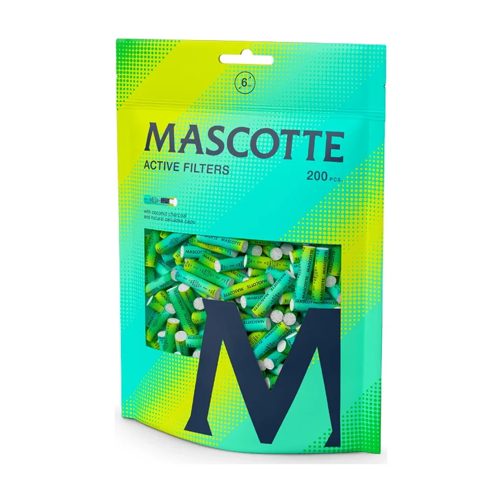 Bolsa verde y turquesa de filtros Mascotte Active Filters, con ventana que muestra varias unidades y etiqueta de 200 piezas.