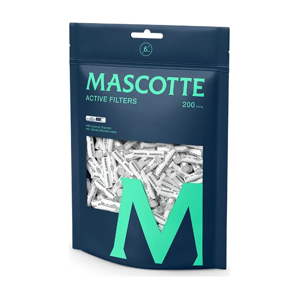 Bolsa azul oscuro de filtros Mascotte Active Filters, con letras verdes, indicación de 200 unidades y ventana que muestra los filtros blancos.