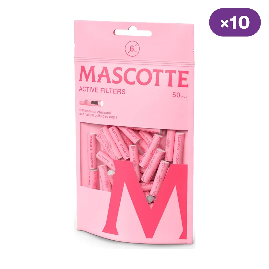 Bolsa rosa Mascotte Active Filters con ventana que muestra filtros rosas y etiqueta de 6 mm y 50 unidades; distintivo de caja de 10.