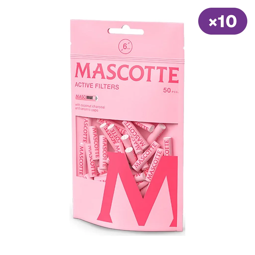 Bolsa rosa Mascotte Active Filters con filtros visibles, indicación de 50 unidades y distintivo de multiplicación por 10.