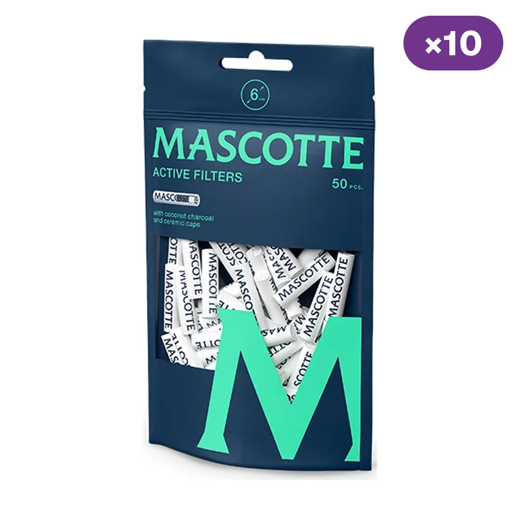 Bolsa azul oscuro y verde de filtros Mascotte Active Filters, con ventana que muestra filtros blancos, rótulo de 50 unidades y distintivo por diez.