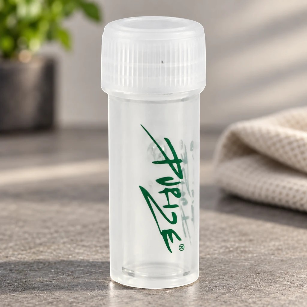 Recipiente cilíndrico translúcido con tapón estriado blanco y logotipo verde Purize, colocado sobre una encimera gris.