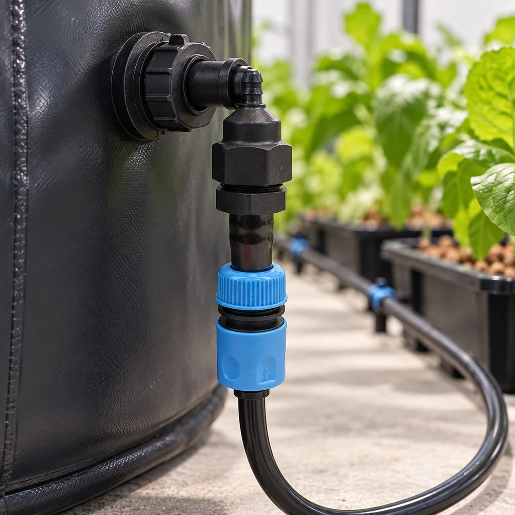 Adaptador negro con conector azul y manguera en la salida lateral de un depósito, junto a macetas con plantas en una escena generada.